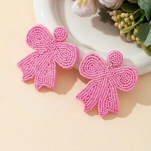 1pair Handmade Stainless Steel Stud Earrings W/Rice Beads & Bow Knot Baby Pink